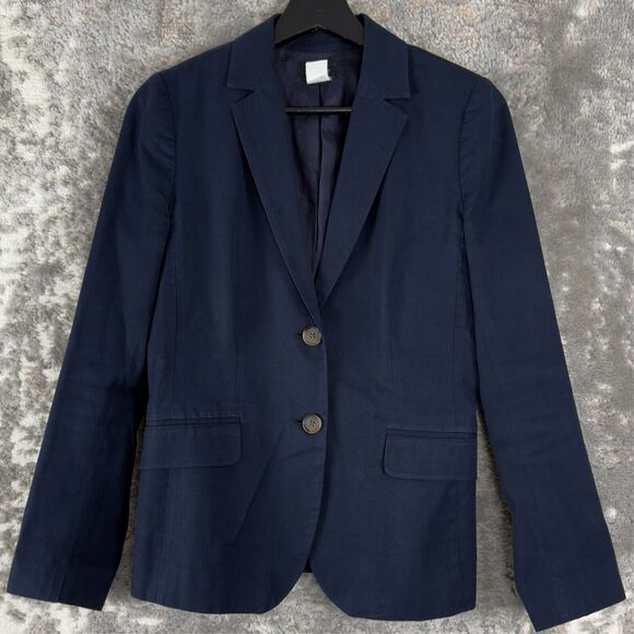 J Crew Womens Size 2 V Neck Blazer Jacket Navy Long Sleeve Button Lined - Picture 1 of 9